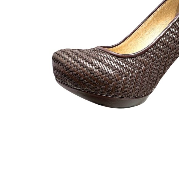 Joan and David Brown Woven Leather Platform Almond Toe Pumps - Picture 6 of 11